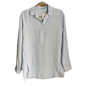 J. McLaughlin Fallon Linen Tunic Top XS Blue White Striped Popover Resort Beachy